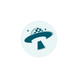 Our logo: a teal UFO emitting a beam. The top dome of the UFO looks like a disco ball, with sparkles surrounding it.