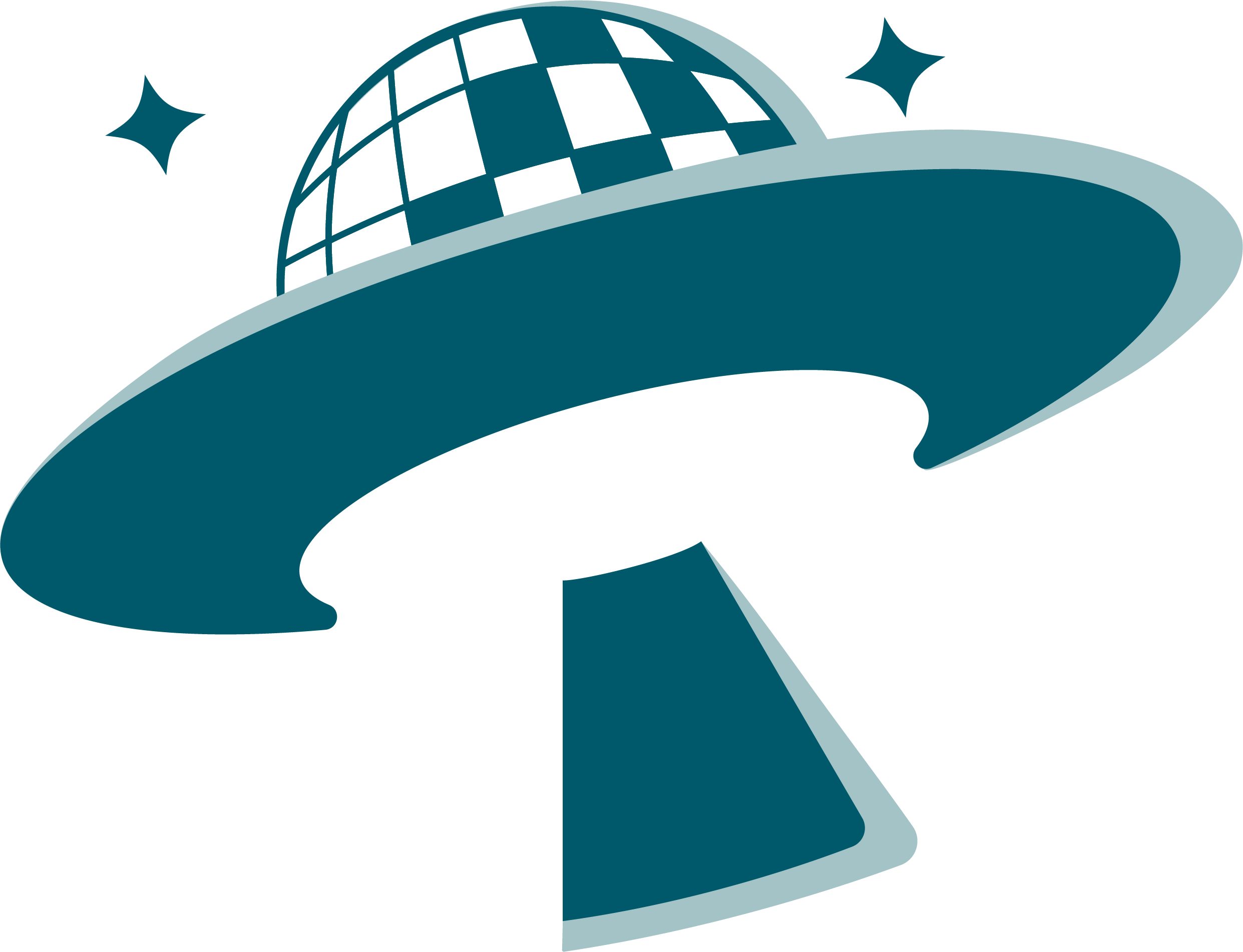 Our logo: a teal UFO emitting a beam. The top dome of the UFO looks like a disco ball, with sparkles surrounding it.