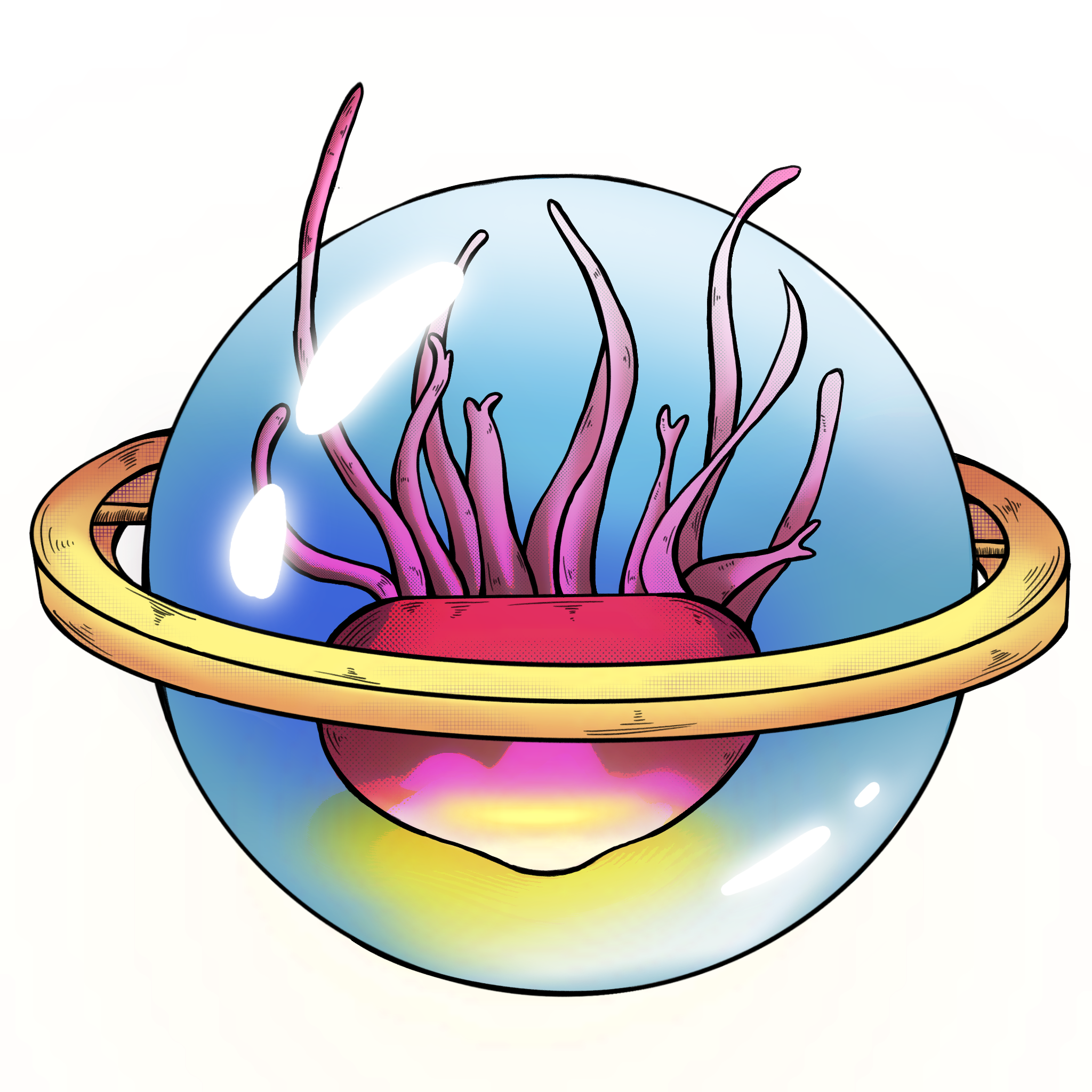 Beebul, their body resembling a jellyfish, sits upside-down inside their transparent orb, which is kept stable by a gold ring surrounding its equator. Some of their bright pink tentacles extend outside the malleable orb. The orb is shaded in light blue, and light from outside casts bright white highlights on its surface. Around Beebul’s head, there is a soft yellow glow which extends into the orb.