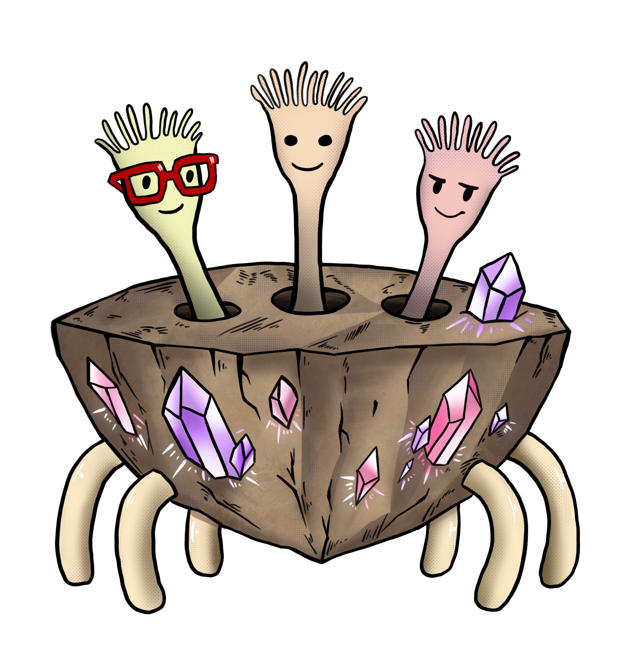 Bry-Ann-Dee is one rock colony, all of which is pictured here. The rock itself is in the shape of a bowl, with six stabilizing legs extending from its bottom. The textured rock is decorated with many shiny pink and purple crystals, which extend from its side and its surface. On the surface are three holes, out of which Bry, Ann, and Dee extend (from left to right). Bry is light yellow, wears red glasses, and has a slight smile. Ann is pale orange and has wide, dark eyes and a smile. Dee is pale pink with thick eyebrows and a smirk. All three creatures have skinny necks extending from the rock, wider faces branching out from their necks, and stringy hair-like limbs extending from their heads.