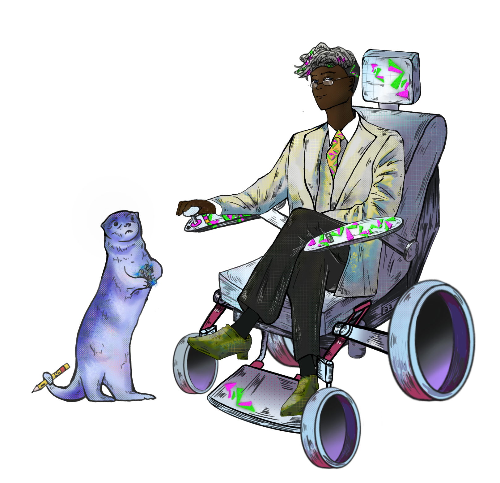 Garick is seated in their wheelchair, looking back at the viewer, alongside Parsley, their service otter. Garick has dark skin, and thick, light-gray dreadlocks. Their blazer, tie, shoes, and wheelchair have patterned spots of vibrant colors. The rest of their chair is shaded in cooler purple and gray tones. They have a slight smirk and tiny oval glasses. Parsley holds a pencil with her tail and a small rock between her paws. She has tiny facial features, including a cute button nose and wide dark eyes.