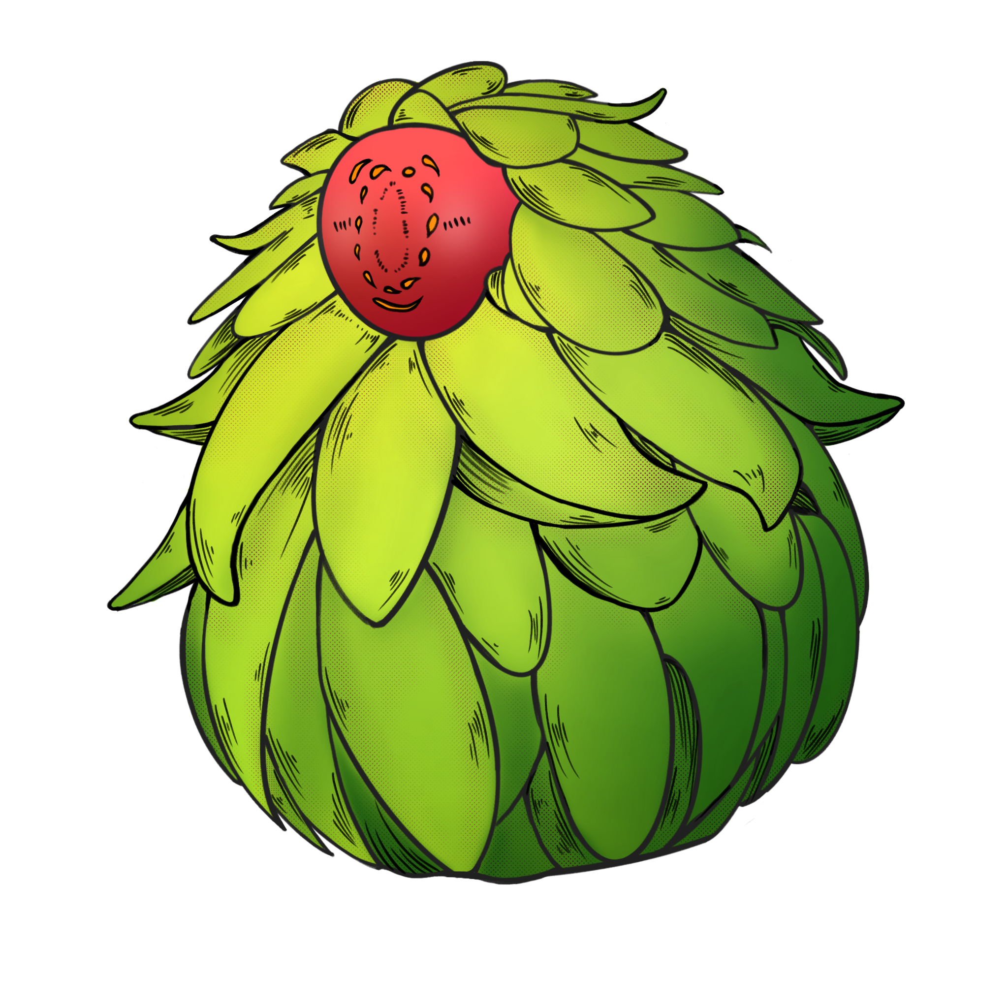Halea Silver, a sentient plant, is shown with long, flowing leaves extending from their egg-shaped body. On the front of their body, a red bulb breaks through the leaves, which features a pattern that almost resembles a face, even though Halea Silver has no facial features. Light from above illuminates their red bulb and upper leaves, the lower leaves being cast in a shadow.