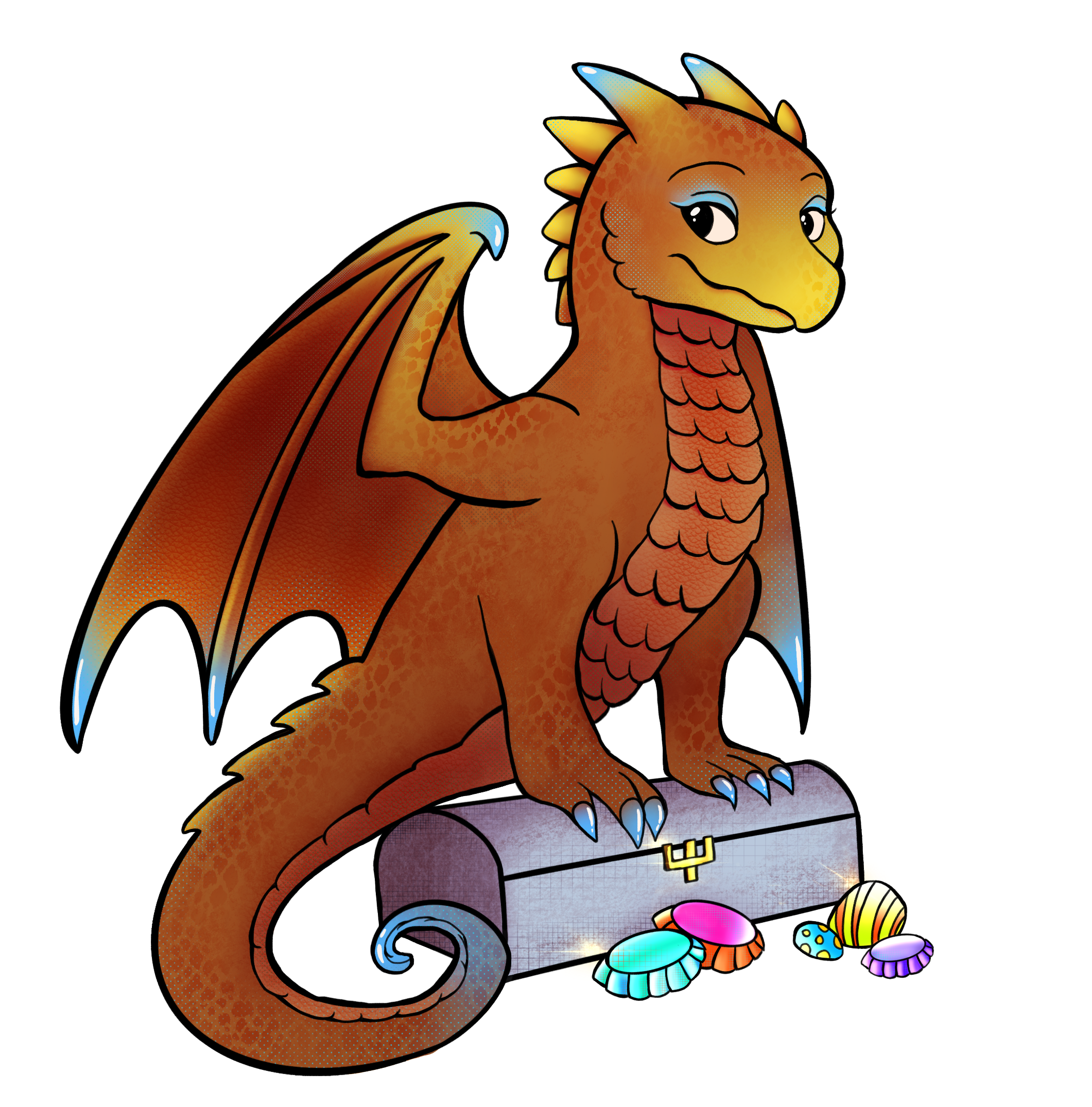 Maeve, a wyvern, sits perched on a shiny metal chest, colorful gems surrounding it. She is turned slightly to one side, her eyes pointed toward the viewer, with a slight smirk across her face. Her wings and tail resemble those of a dragon, and she is colored with dark orange and gold, as well as light blue highlights.