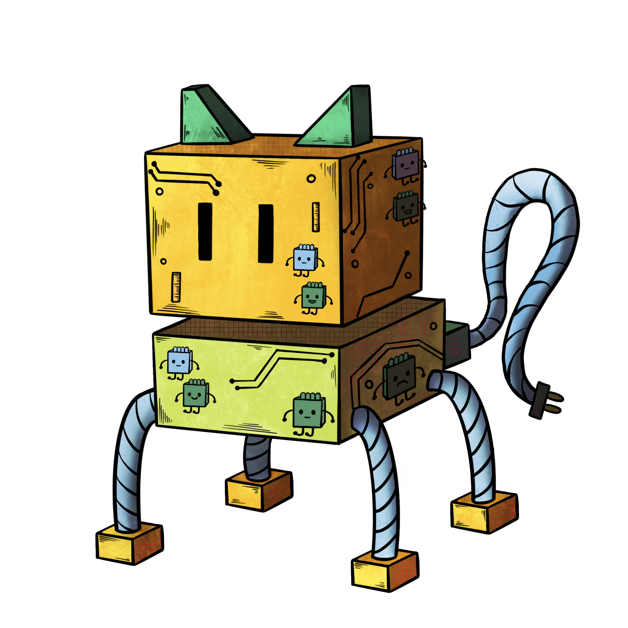 Robit, a robot resembling a cat, stands proudly on four malleable robot legs. Her eyes are two long back slits. Her body resembles a computer chip, with circuits lining her face and stomach. Her tail, similar in nature to her legs, but with a plug on the end, extends behind her. Several rorobytes are attached to her body and face, with smiling expressions, and their small legs and arms extending outward.