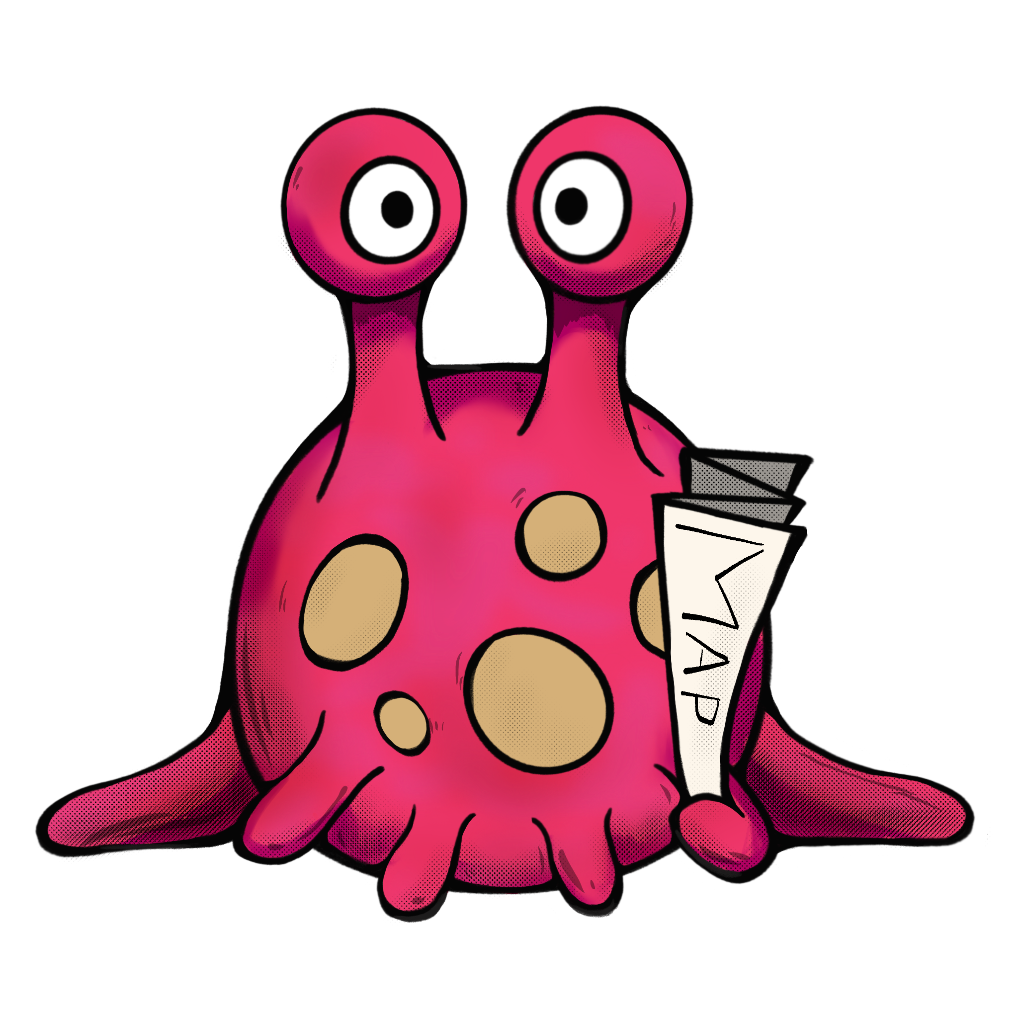 Surussation, a Grunk, stares wide-eyed at the viewer holding a paper map. Their body is a neon red circle with tan dots. Two eye stalks poke out the top of their body to hold up their eyes, and two flat, feet-like flippers extend from the bottom of their body. They also have some small arms extending around the base of their body.