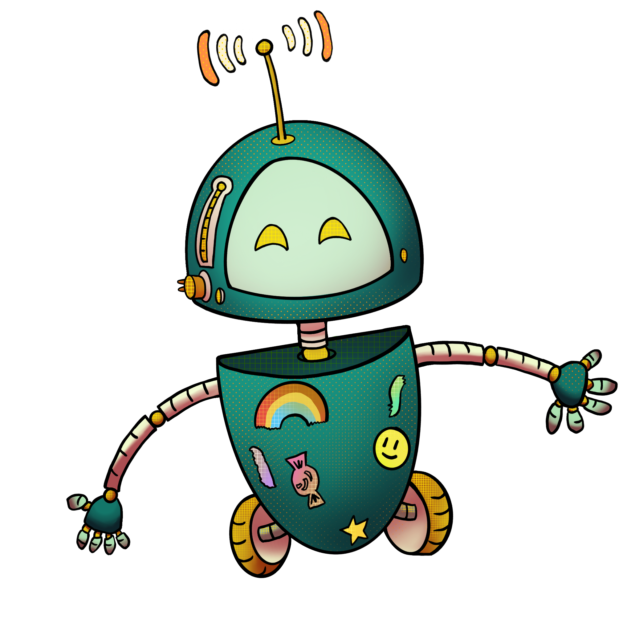 Whirry, a robot, is shown with his eyes half shut, indicating a smiley expression. He has no other facial features, but does have a few buttons beside his face. A small antenna extends from his head, with small lines indicating its reception of data. He has small wheels for feet, and long bendable arms. His dark green body is covered in colorful stickers, including a rainbow and smiley face.