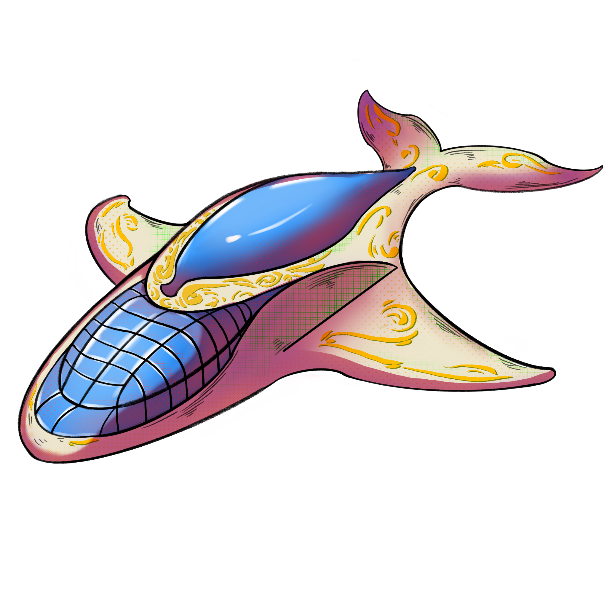 A vibrant and brightly colored ship in the shape of a large whale. A large blue window looks into the front of the ship. The fins and tail of the ship are decorated with hand drawn patterns and bright shades of gold and red.