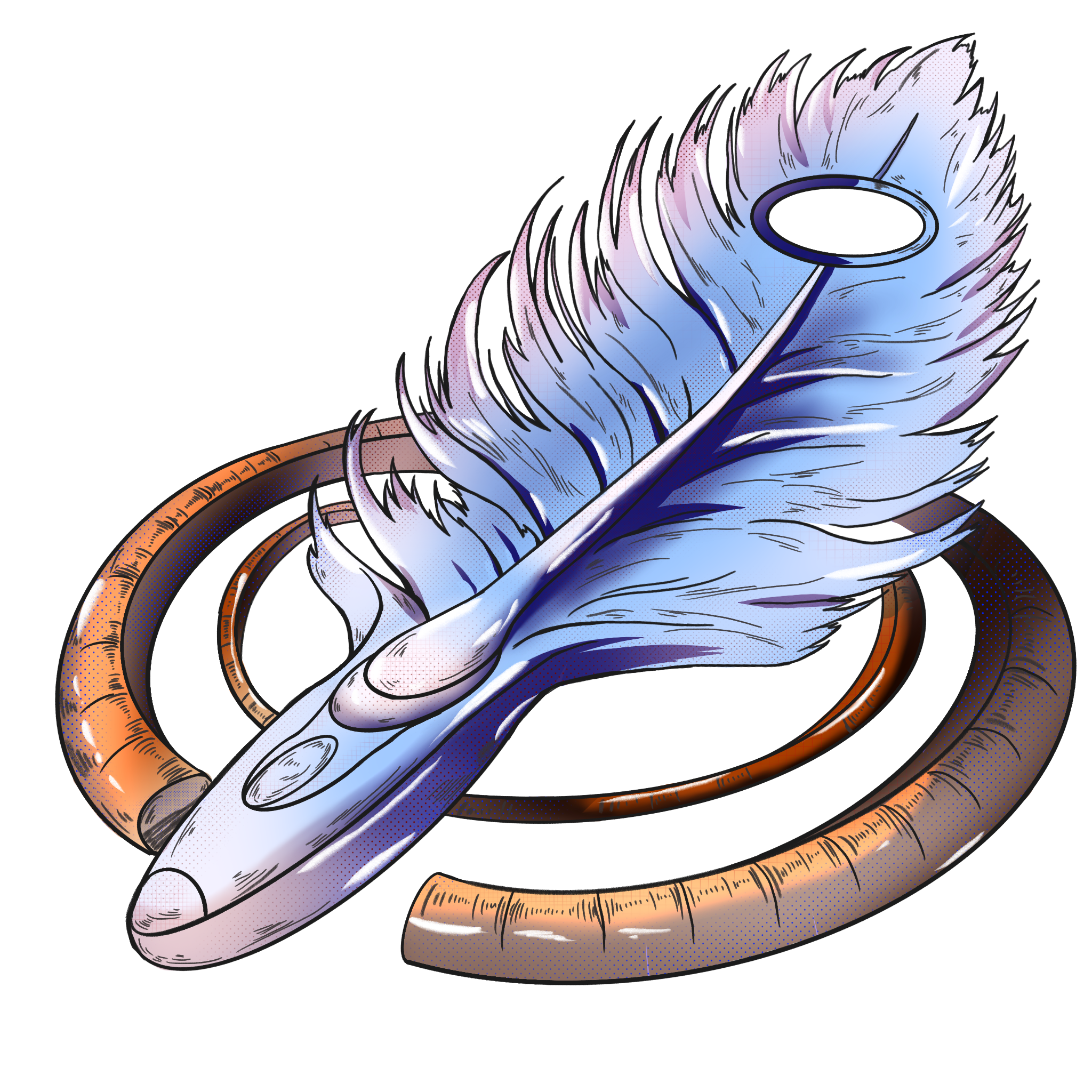 The body of this ship resembles a feather, with a spiraling path surrounding the outside of the ship. The body of the ship is colored in a pastel light blue, and the fibers in the feather are drawn with light strokes.