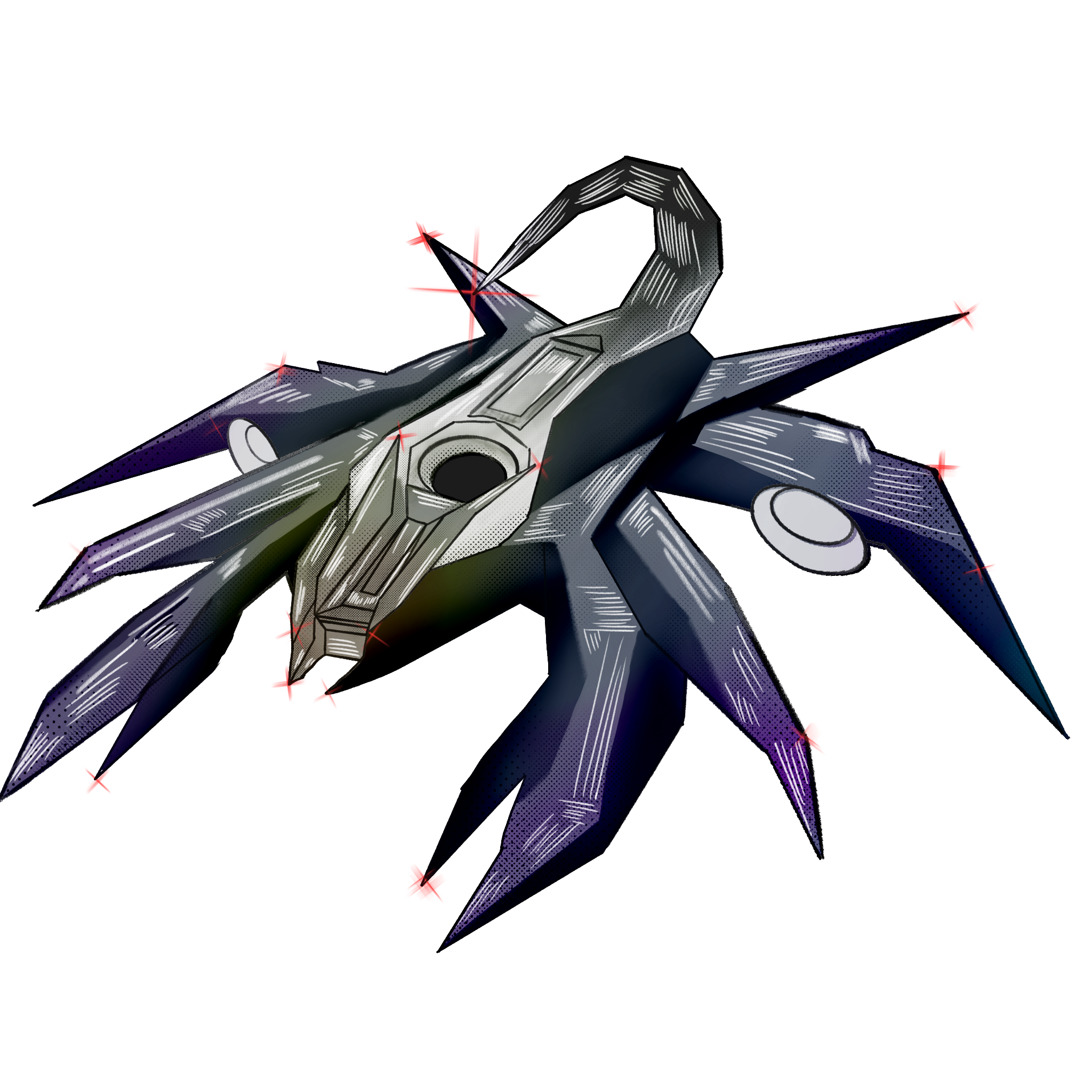 Darkly shaded ship in the shape of a scorpion. Branches extending from the body of the ship resemble pinchers. A sharp, curved tail rises from the rear of the ship.