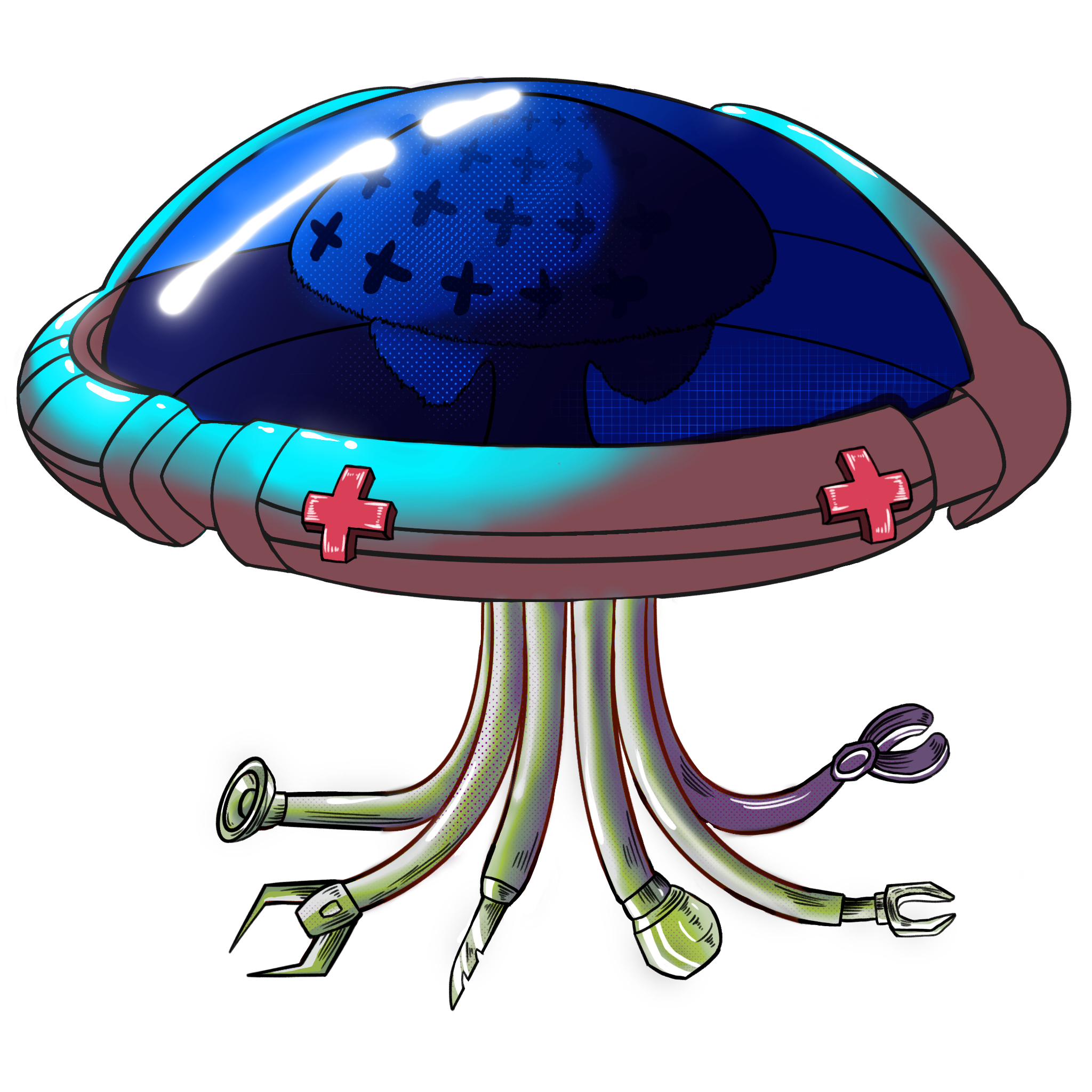 A vibrantly blue ship in the shape of a jellyfish. The main body of the ship is cast in a light blue shadow, and the transparent membrane surrounding it allows us to see the “brain” of the ship. The outer rim of the body is decorated with red first aid symbols. Each tentacle, extending from the bottom of the ship, features a tool for rescue.